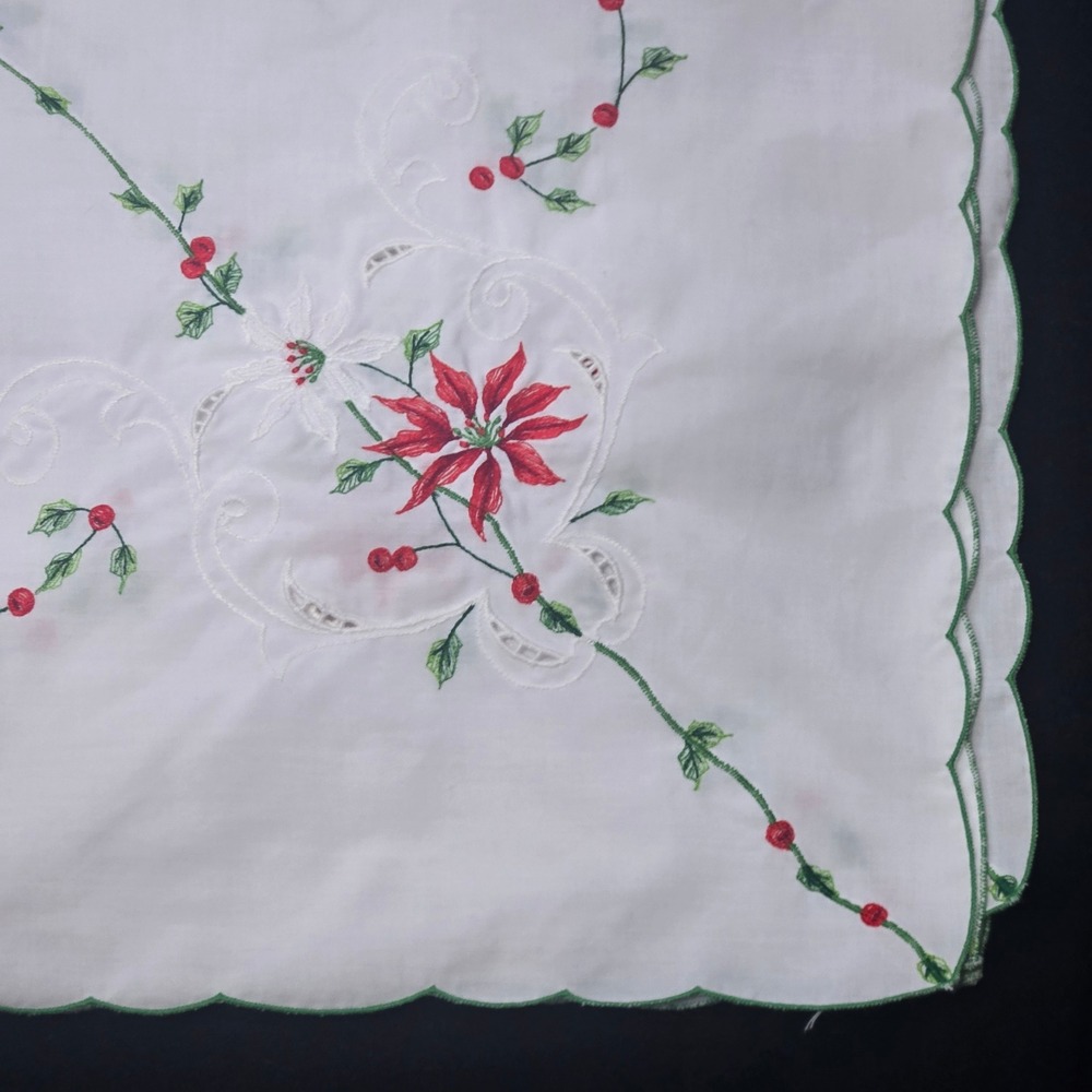 Vintage Christmas Poinsettia Embroidered Tablecloth White Green Scalloped 49x49"